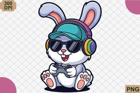 Cute Gamer Bunny with Controller PNG