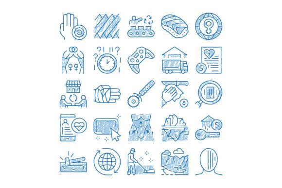 Diverse Blue Doodle Icons Representing V