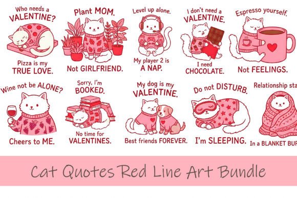 Express Your Single’s Spirit with Cat Quotes Red Line Art Bundle