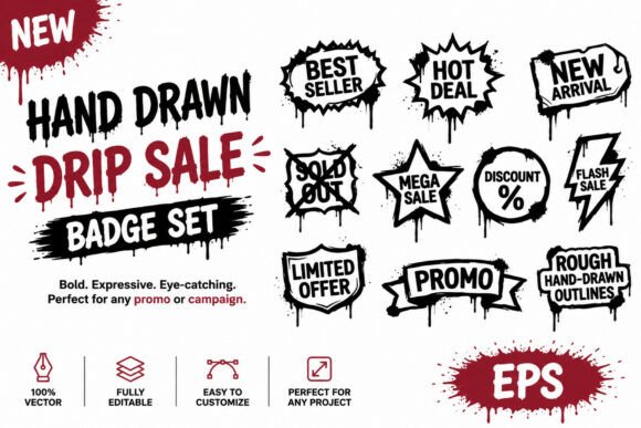 Hand Drawn Drip Sale Badge Set – Messy