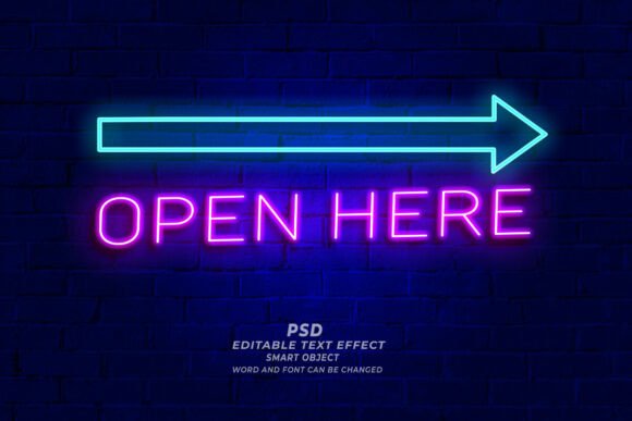 Open Here Neon PSD Sign Text Style